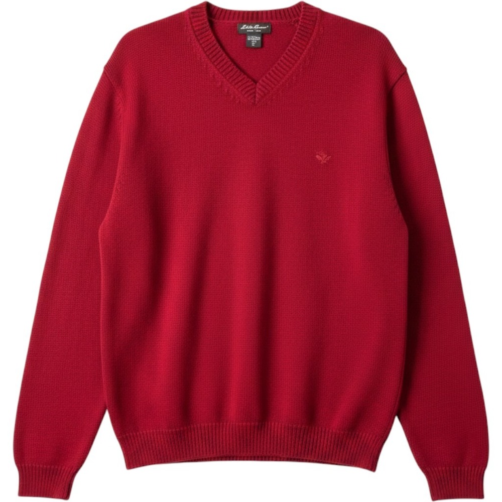 Eddie Bauer Mens V-Neck Sweater Red 100% Cotton Tall XL Knit Pullover